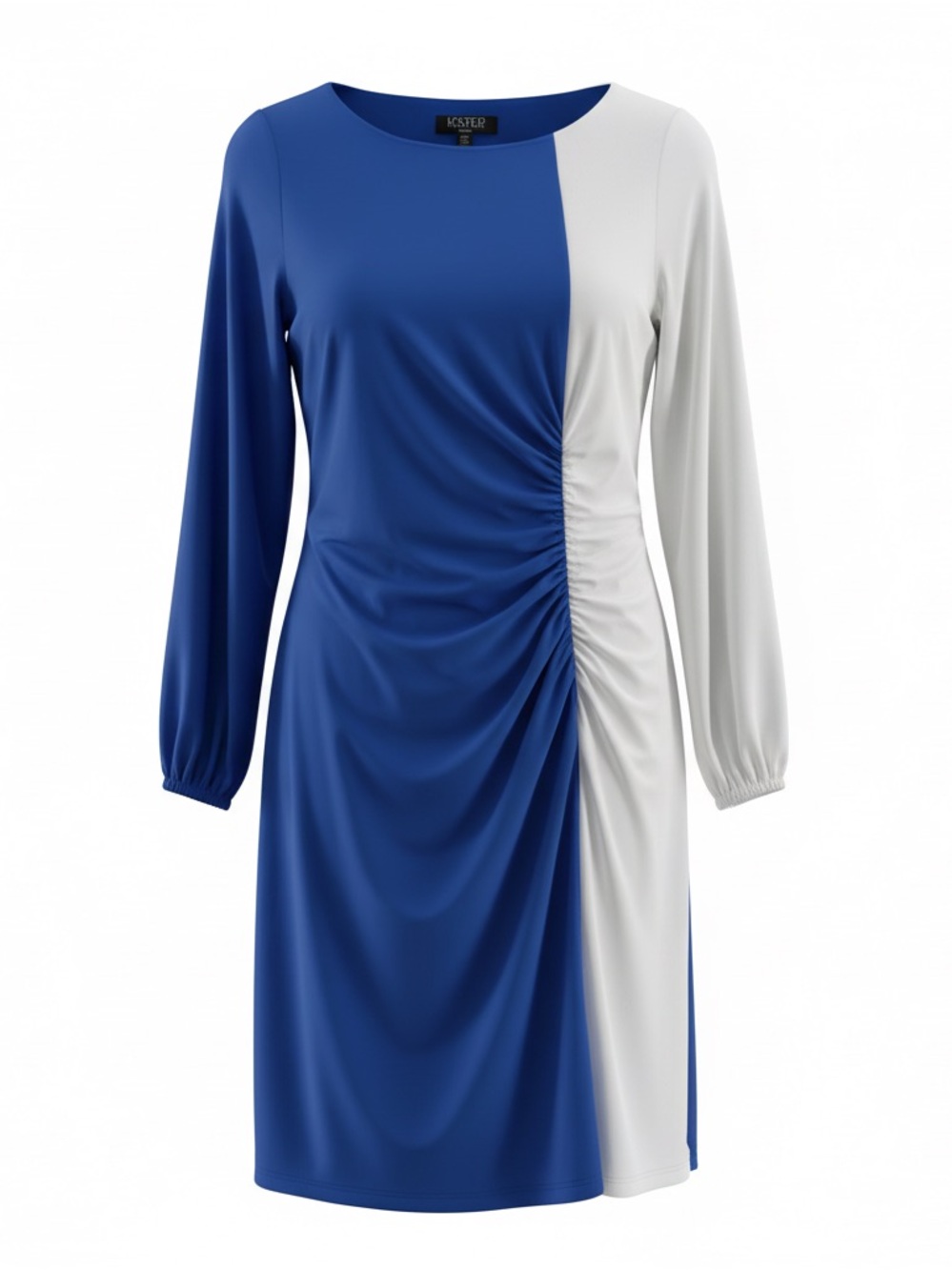 Colorblock Blue & White Kasper Dress With Ruched Detail Long Sleeve Size L
